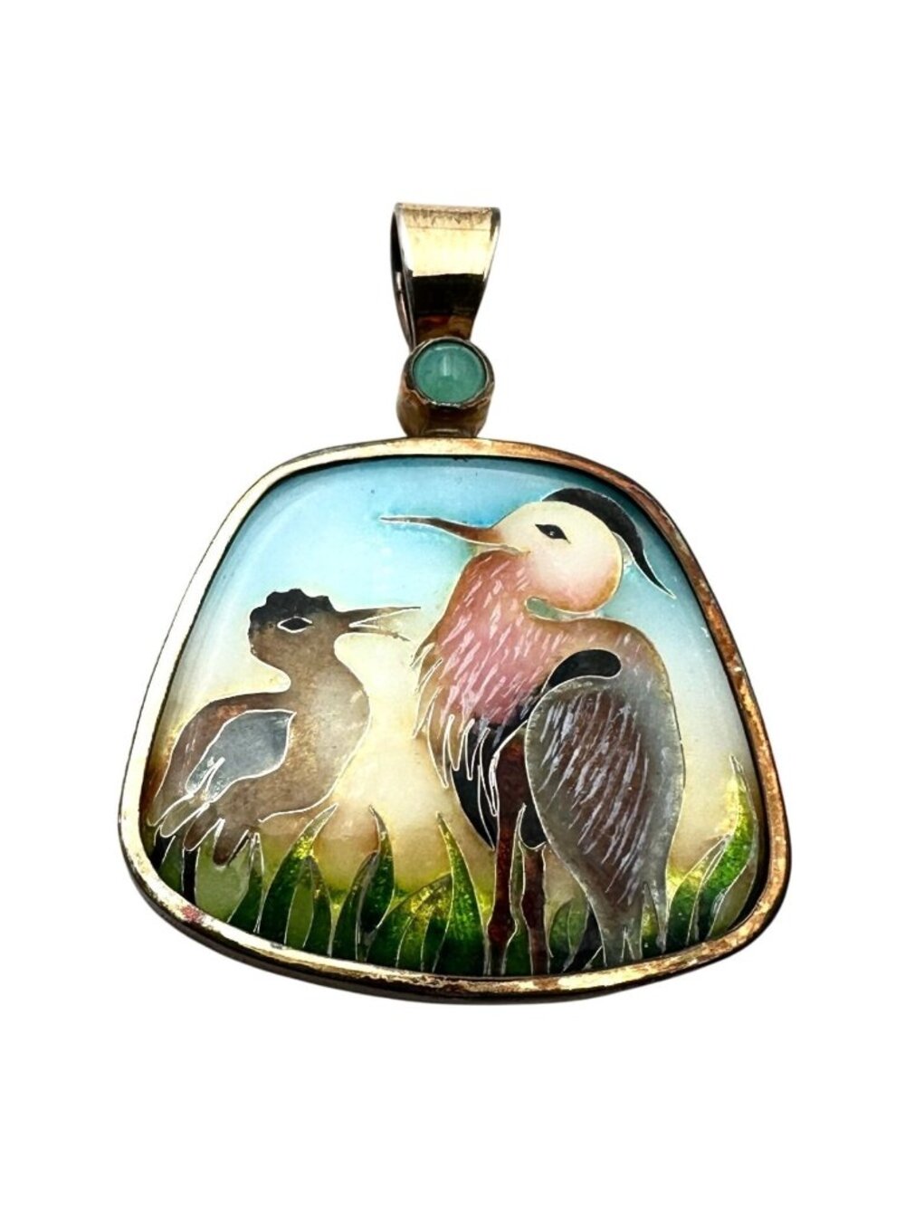 Rare Tricia Young 18K Gold Sterling Silver Enamel Bird Crane Opal Pendant
